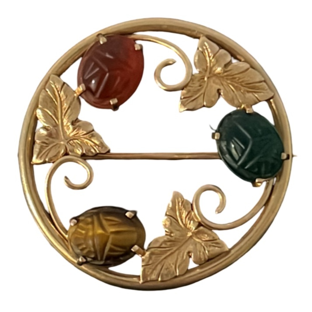 Elegant 14K Gold & Multi Egyptian Scarab Stone Leaf Scroll Circle Brooch